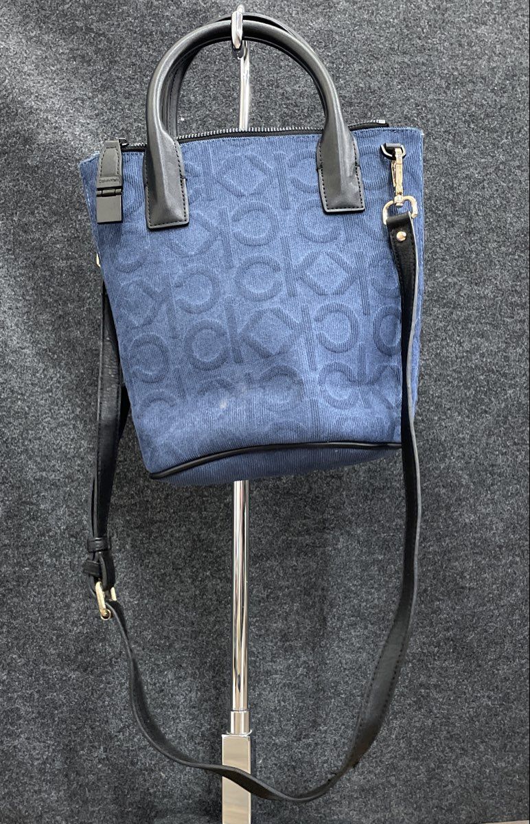 Calvin Klein Blue Monogram Fabric Satchel Crossbody Bag CK Logo Gold Hardware