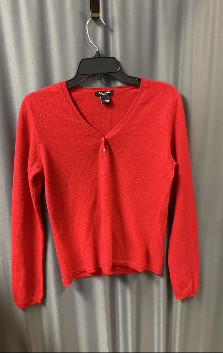 Madison Studio Women's Red 100% Cashmere V-Neck Button Henley Sweater Sz L