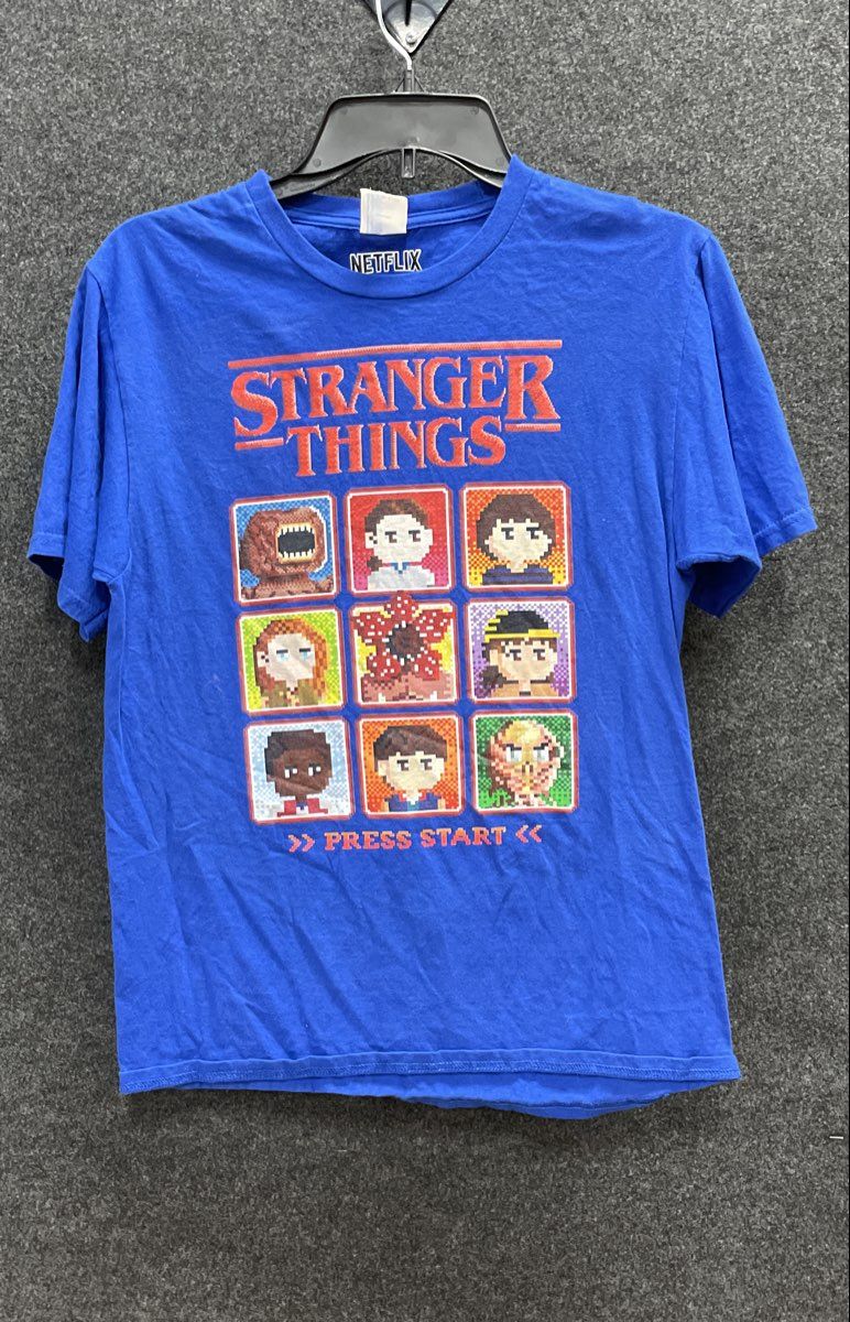 Netflix Men's Stranger Things Blue Pixel Art Press Start Graphic T-Shirt Sz S