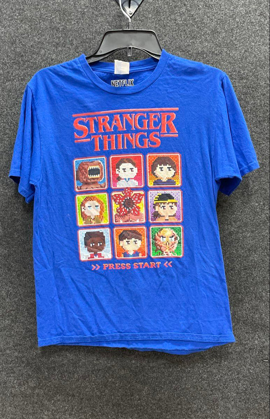 Netflix Men's Stranger Things Blue Pixel Art Press Start Graphic T-Shirt Sz S