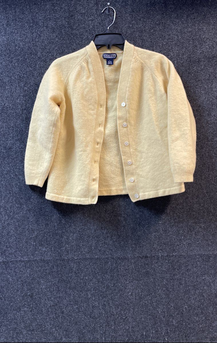 Vintage 90s Lands' End Women's Yellow 100% Lambswool Cardigan Sweater Sz L 14-16