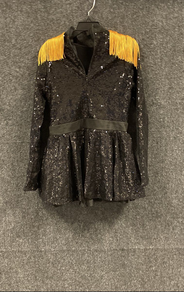iefiel Girls Sequin Dance Costume Dress Black Gold Military Majorette Fringe NWT