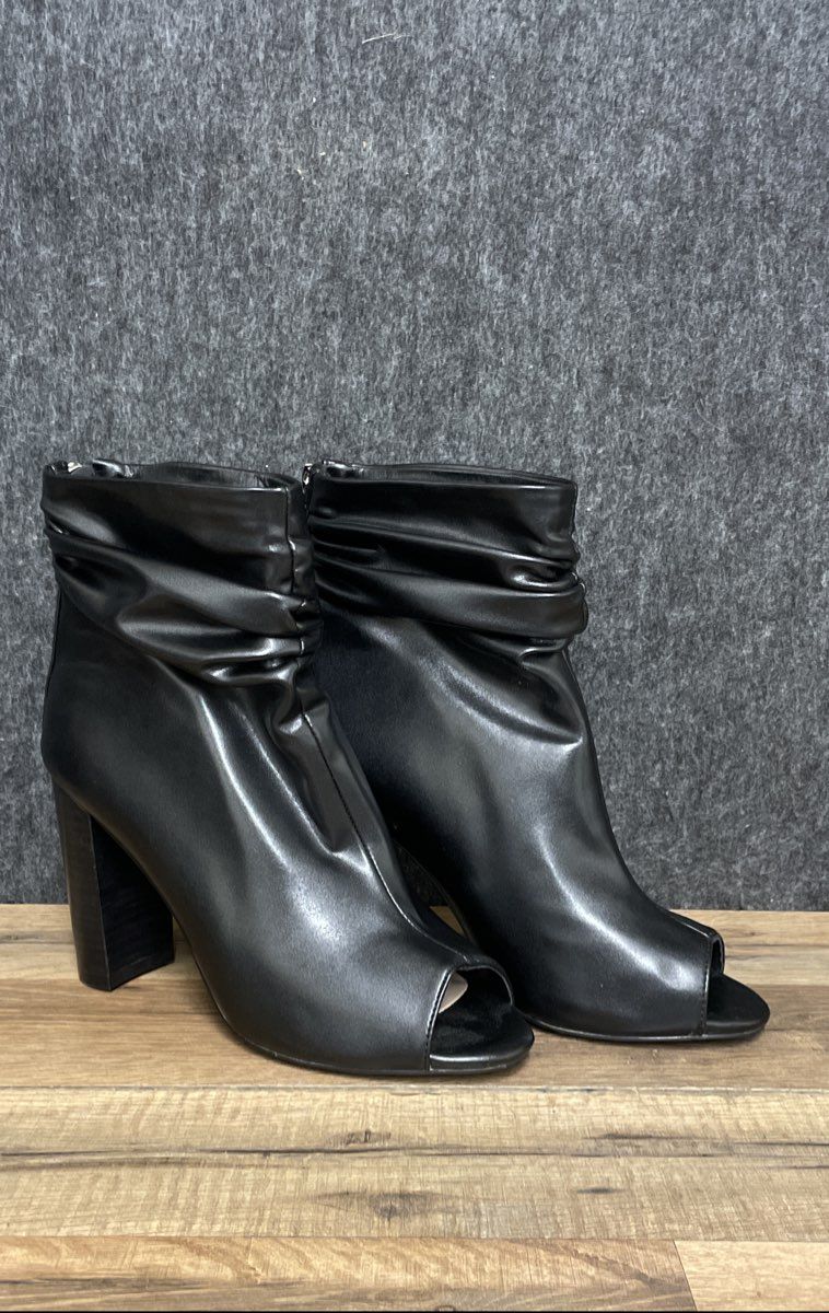 F5J Black Faux Leather Slouch Peep Toe Ankle Boots Block Heel Women's Size 9.5