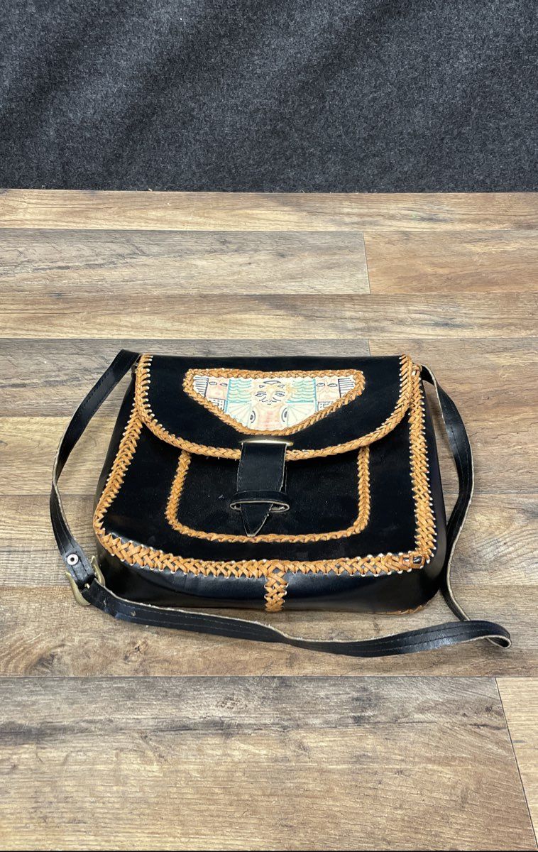 Vintage Handcrafted Black Leather Hand Painted Folk Art Crossbody Bag