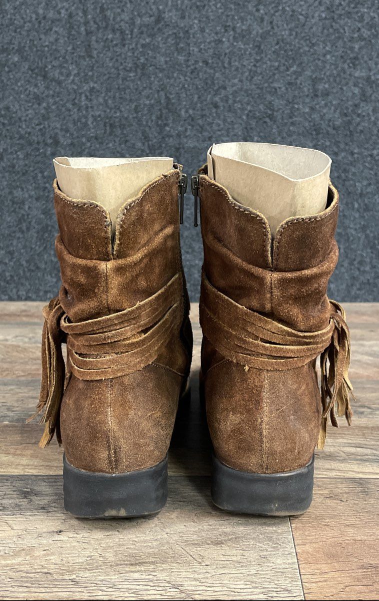 Born Kerri Brown Suede Fringe Tassel Slouchy Ankle Boots Women's Size 9