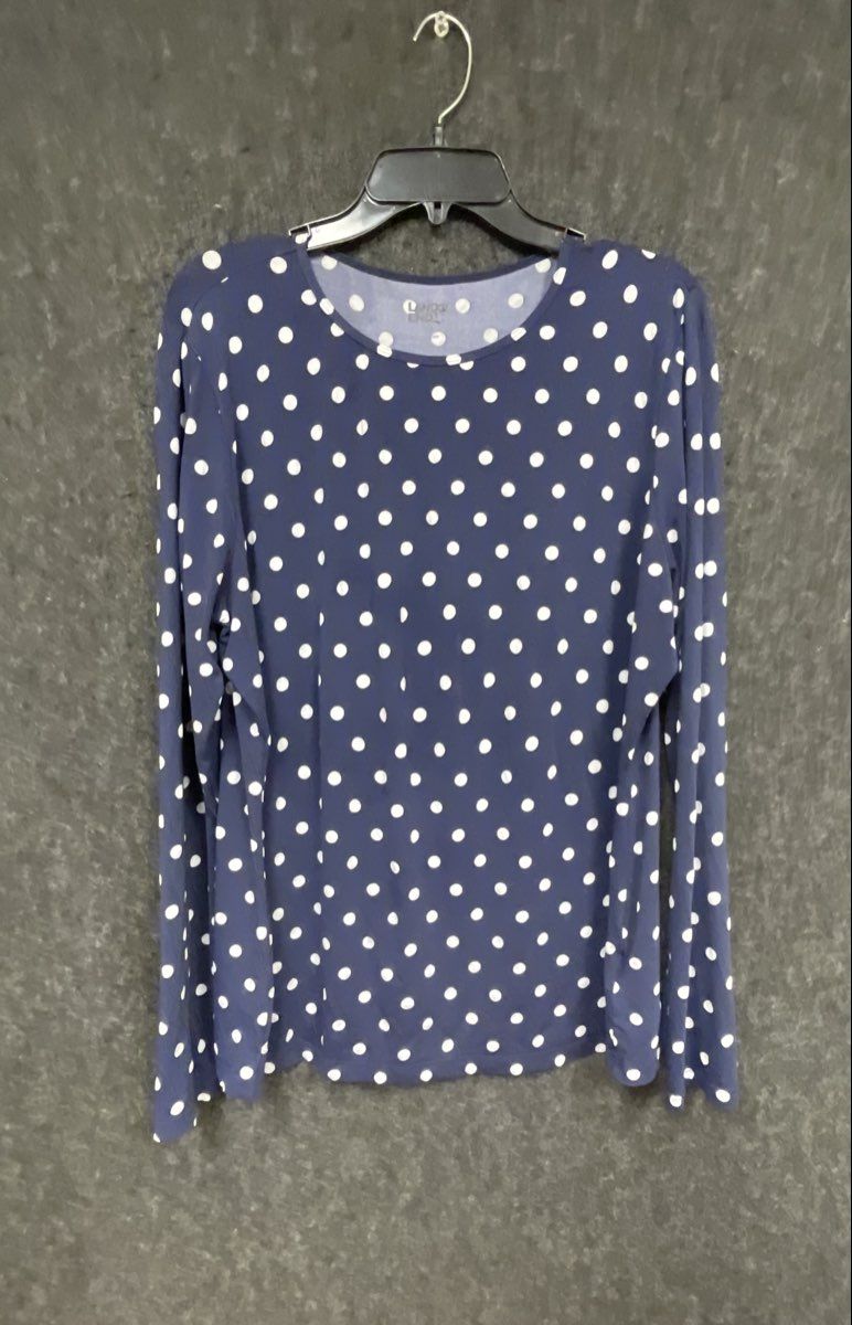 Lands' End Women's Navy Blue Polka Dot Long Sleeve Crew Neck Top Size XL/L 18