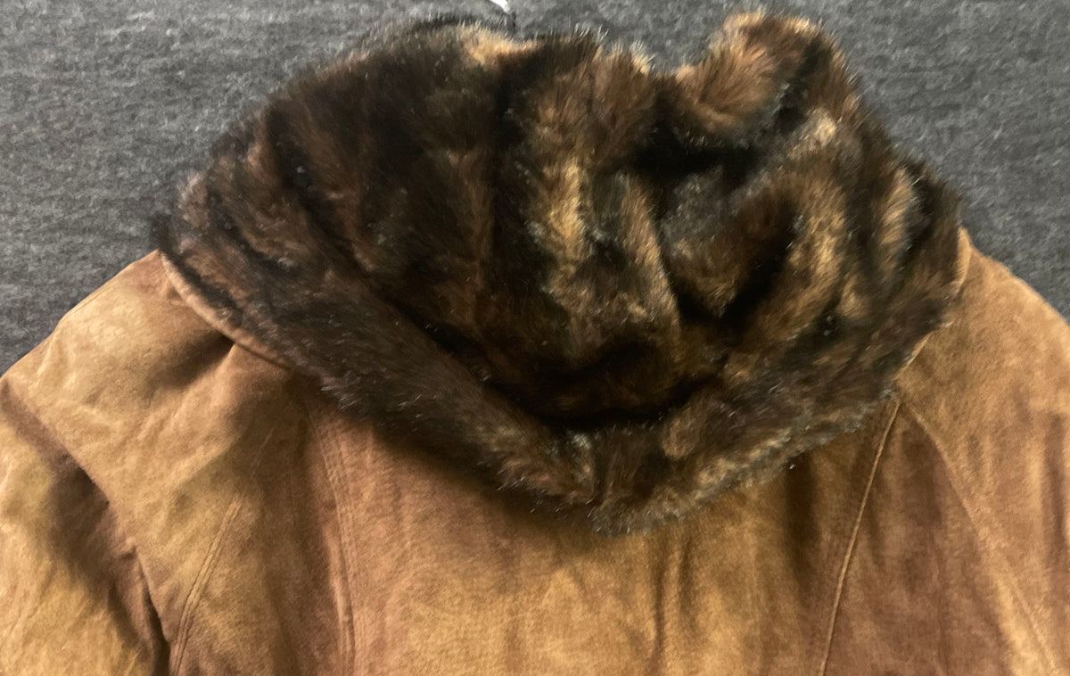 St. John's Bay Women's Brown Leather Faux Fur Trim Hooded Zip Up Jacket Sz M