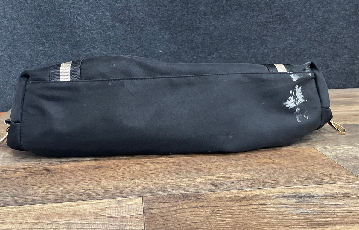 Beverly Hills Polo Club Black Fabric Tote Bag Striped Straps Gold Hardware