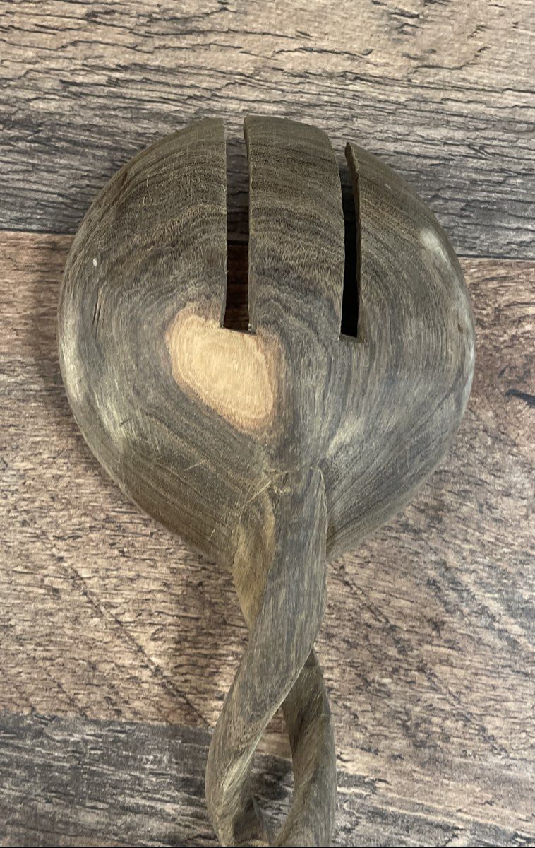 Vintage Hand Carved Wood & Bone Handle Twisted Slotted Salad Spoon Folk Art