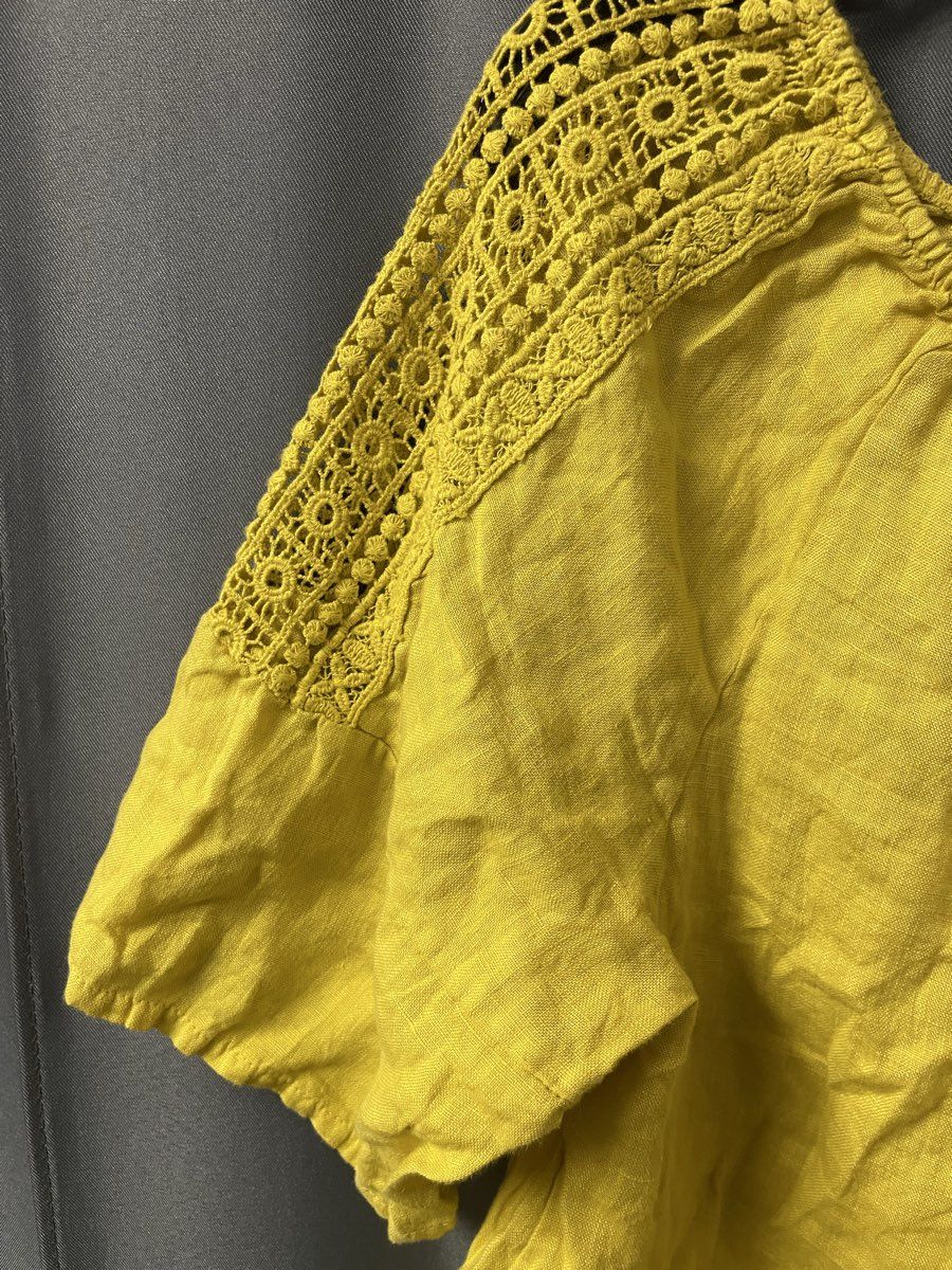 Terzo Millennio Women's Yellow 100% Linen Crochet Sleeve Blouse Made Italy Sz L
