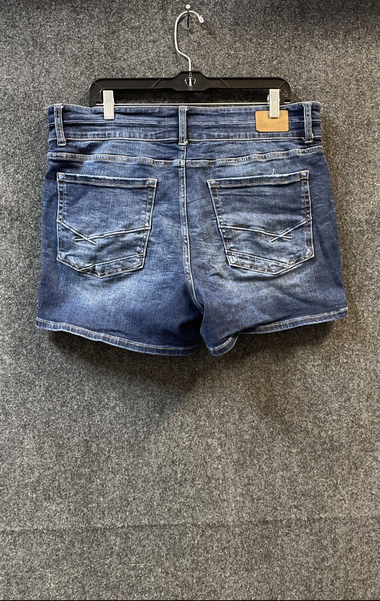 BKE Women's Blue Denim Shorts Whiskered Double Button Size 34