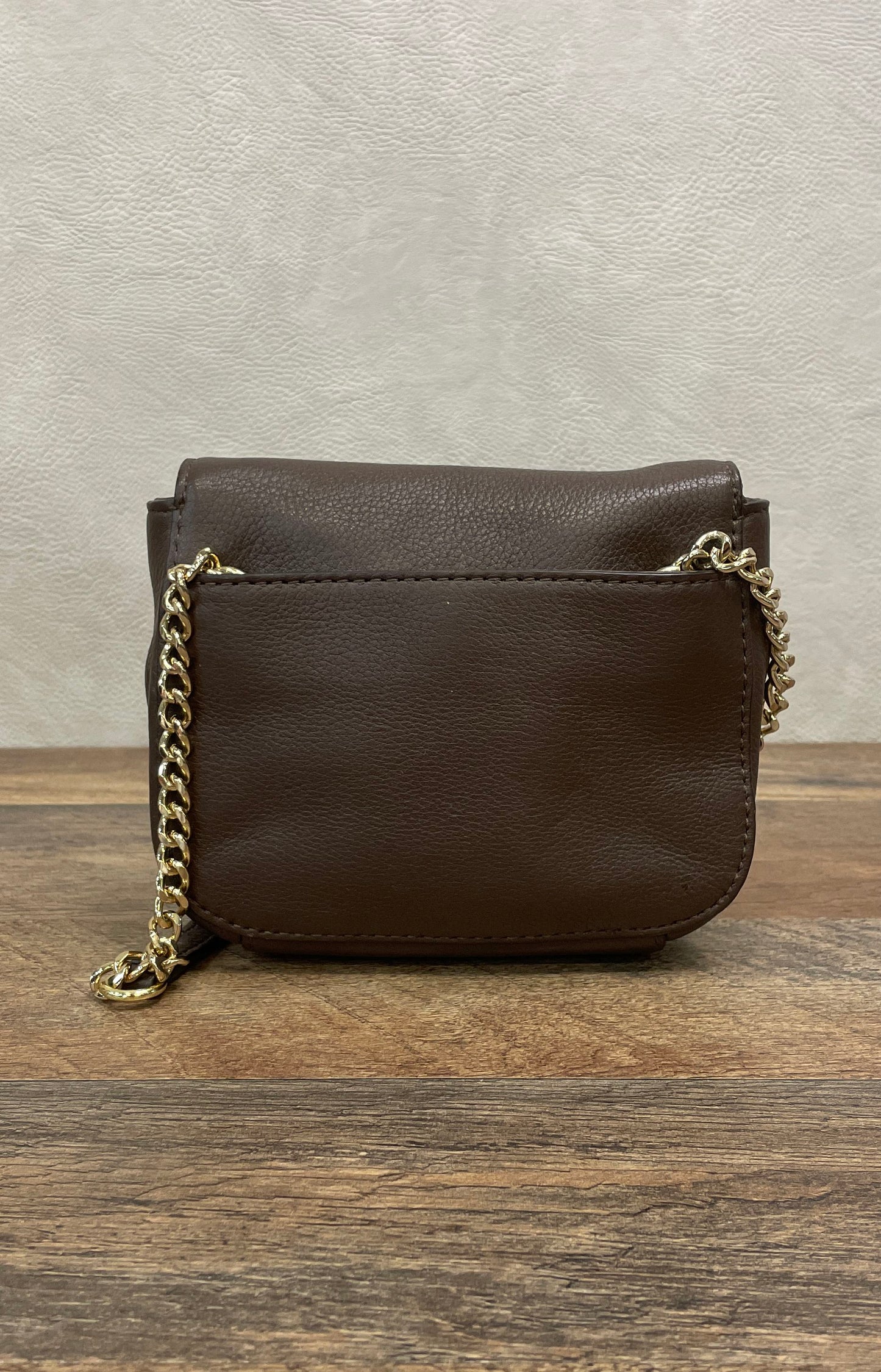 Michael Kors Brown Pebbled Leather Small Crossbody Bag Gold Logo Chain Strap