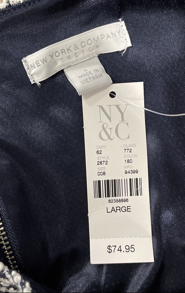 New York & Company Women's Blue White Textured Stretch Sheath Dress NWT Sz L