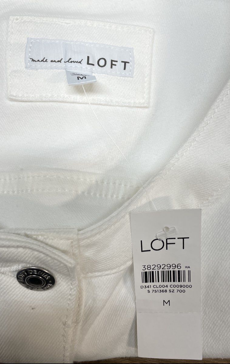 LOFT Women's White Denim Jacket Collarless Button Front Cropped NWT Sz M