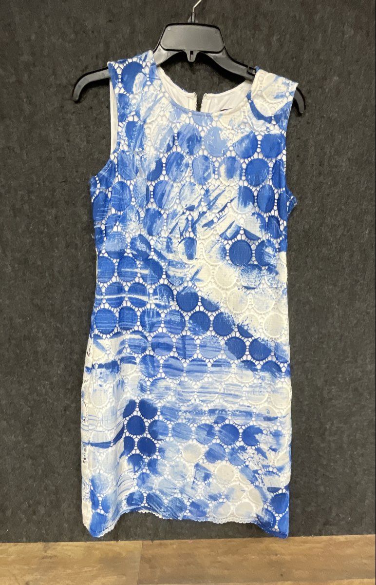 DKNY Women's Sleeveless Sheath Dress Blue White Abstract Lace Overlay Sz 8