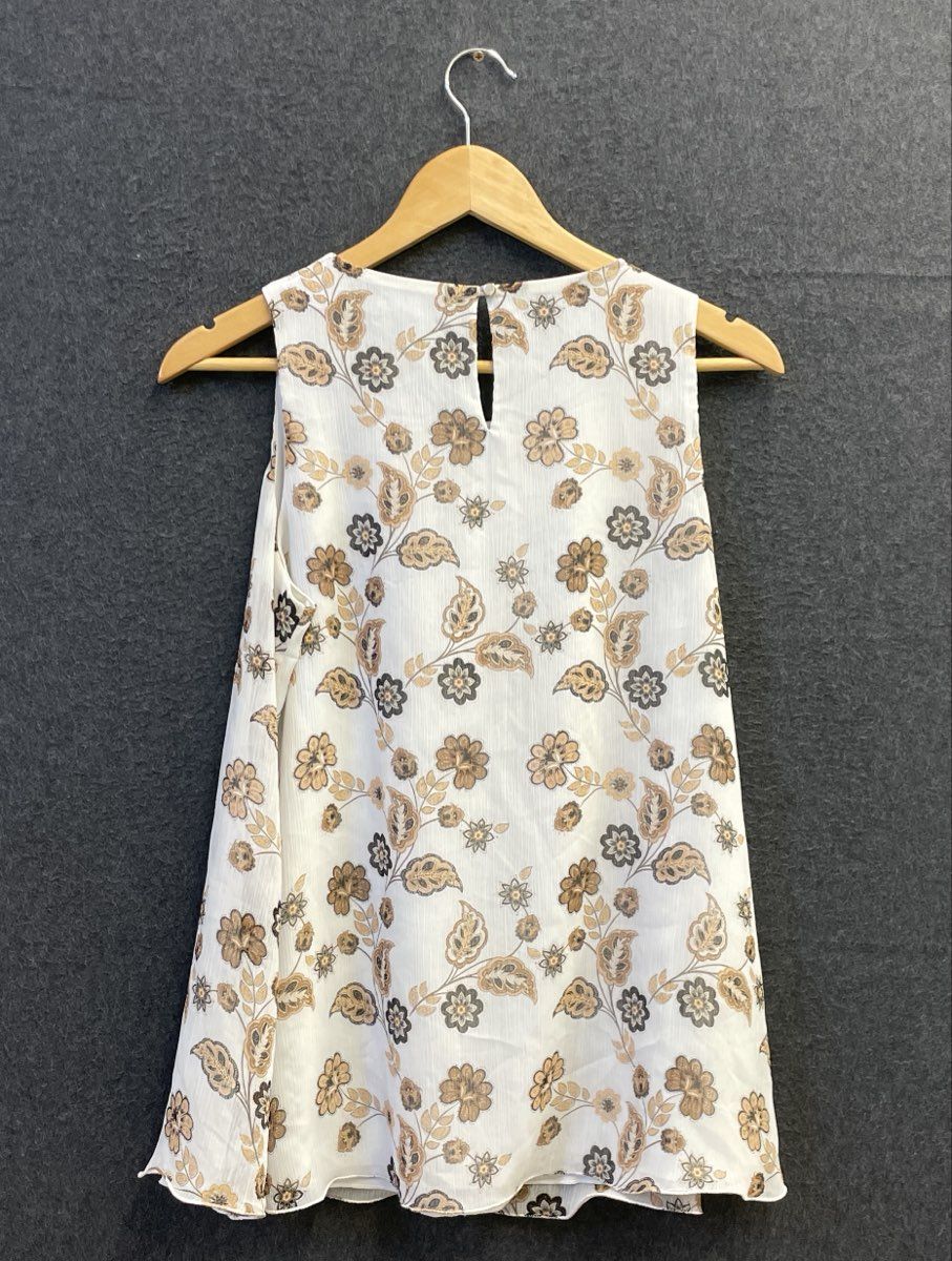 Calvin Klein Women's White Tan Floral Sleeveless Keyhole Lined Blouse Top