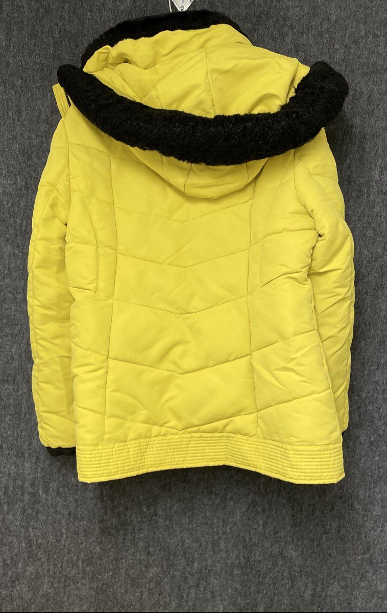 Guess Women's Yellow Faux Fur Trim Hooded Quilted Puffer Jacket Sz L