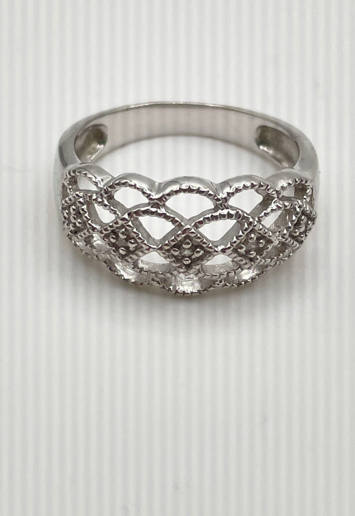 925 Sterling Silver Domed Basket Weave w/ Diamond Accents Ring 3.5g