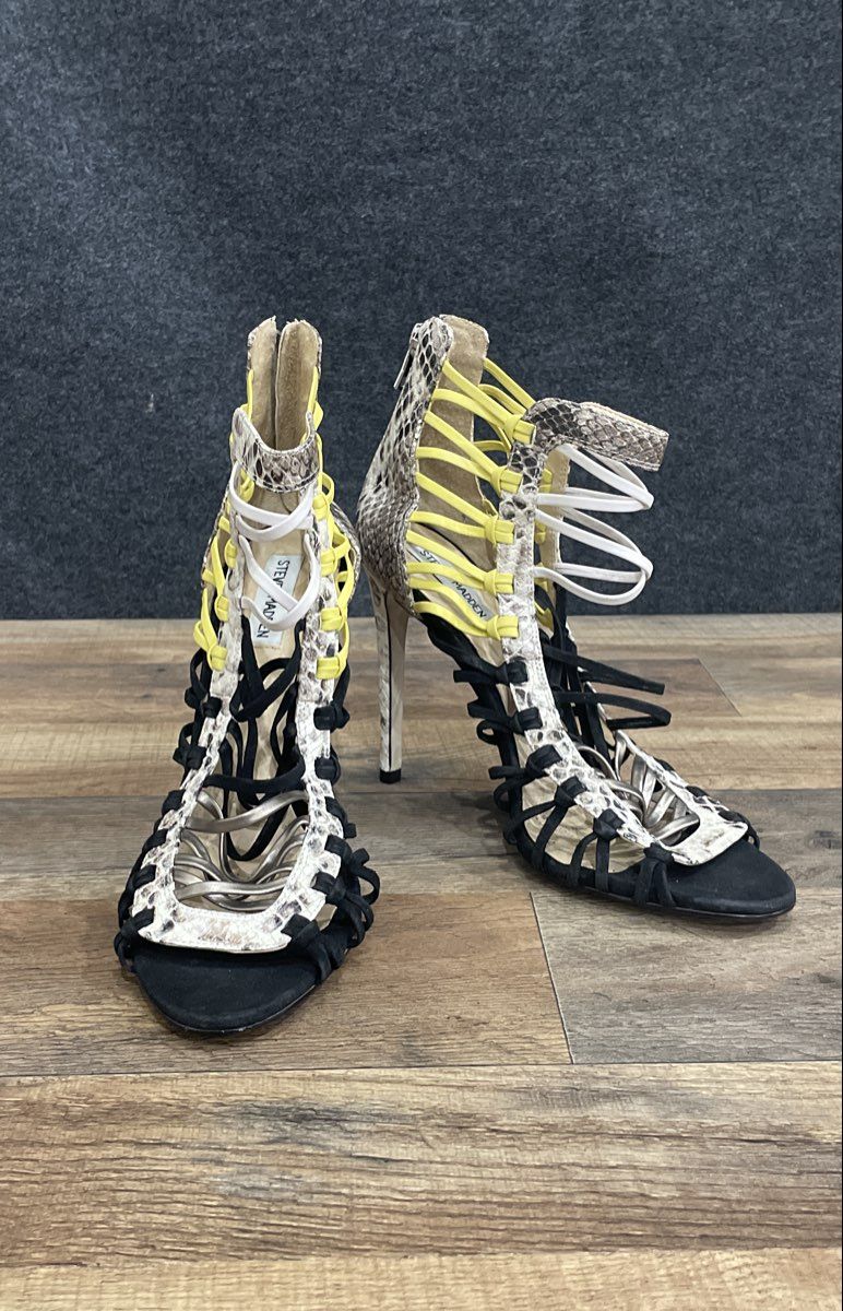 Steve Madden Sleik Snake Print Black Yellow Caged Stiletto Sandals Size 11