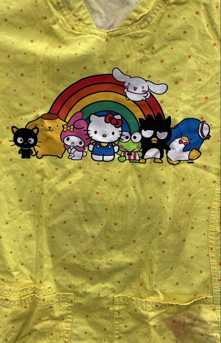Hello Kitty and Friends Women's Scrub Top Yellow Rainbow Character Graphic Sz S