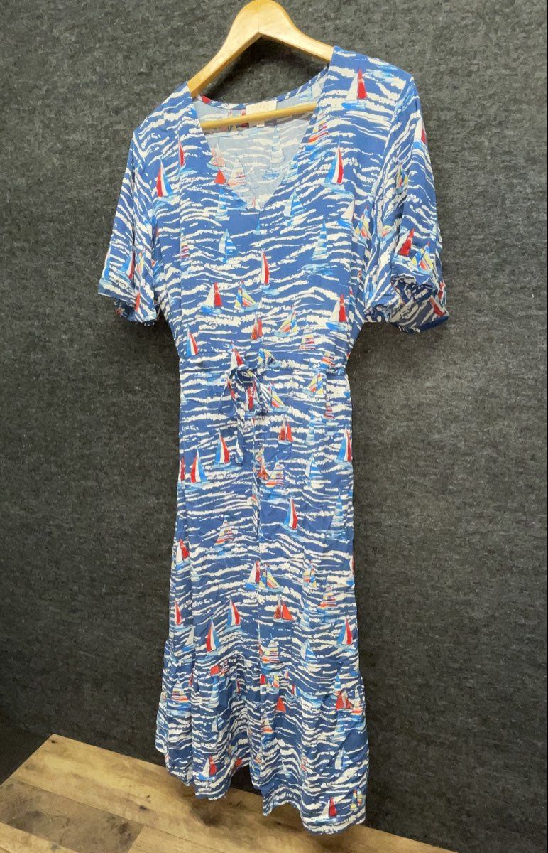 Stitch by Chenault Women's Blue Nautical Sailboat Print Rayon Tie Waist Midi XL
