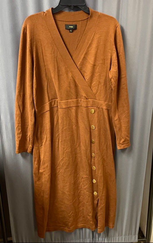 Maia Women's Brown V-Neck Faux Wrap Knit Dress Gold Buttons Side Slit Sz L