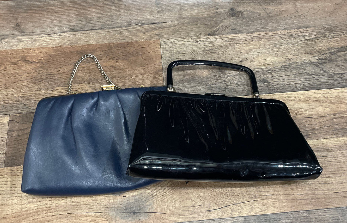 Vintage 60s Ande Navy Blue & Black Patent Clutch Handbag Purse Lot of 2