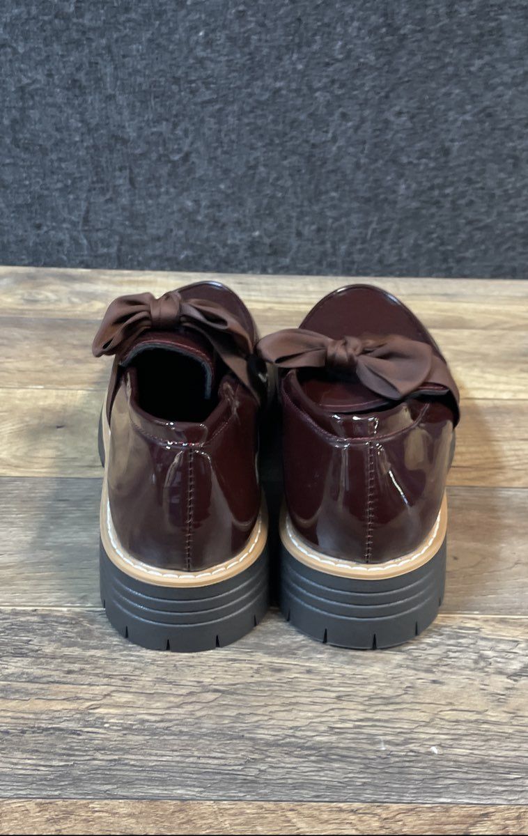 Burgundy Patent Leather Bow Chunky Lug Sole Platform Loafers Shoes Size 42