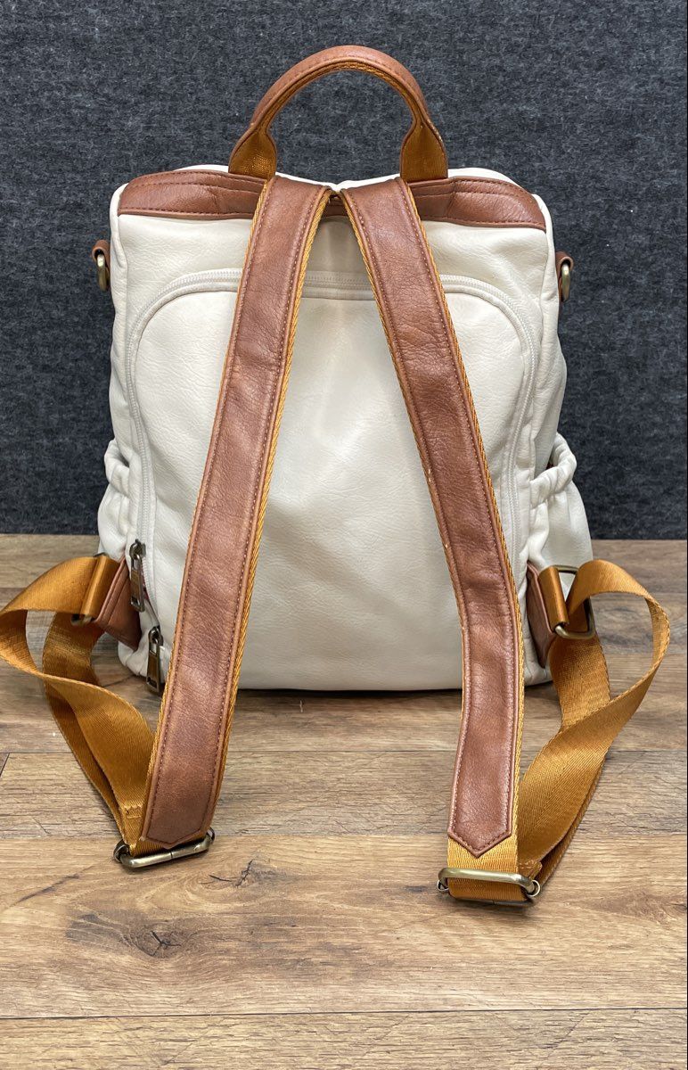 Missnine Cream White Brown Faux Leather Anti-theft Laptop Backpack Travel Bag
