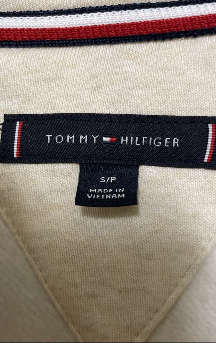 Tommy Hilfiger Men's Cream Quarter Zip Pullover Sweatshirt Kangaroo Pocket Sz S