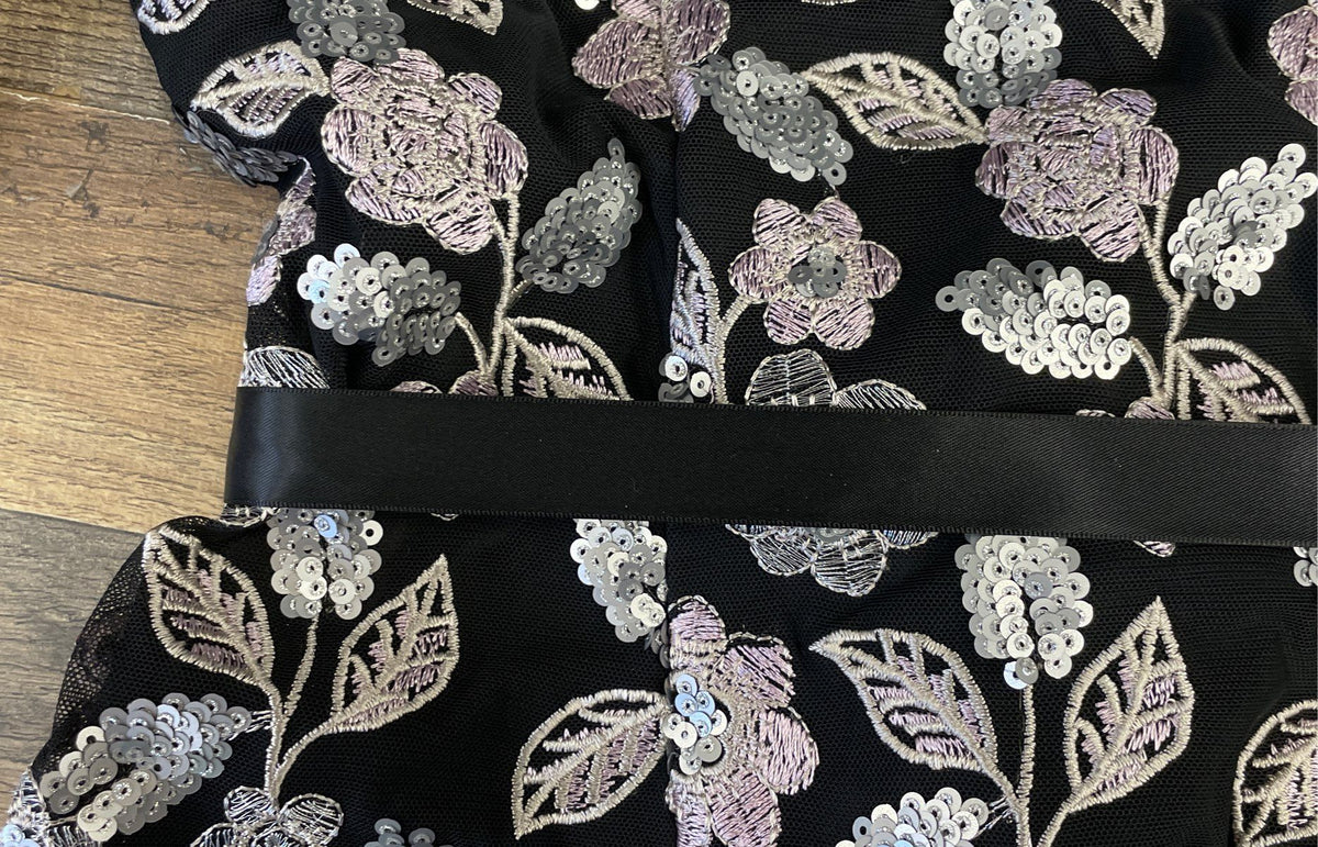 Alex Evenings Women's Sequined Embroidered Floral Mesh 3/4 Sleeve Top Sz L