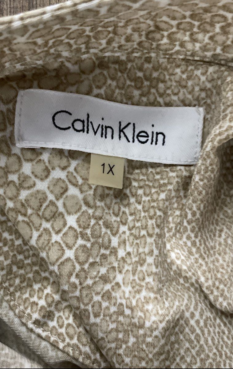 Calvin Klein Women's Beige Snakeskin Animal Print Tunic Shirt Roll Tab Sz 1X