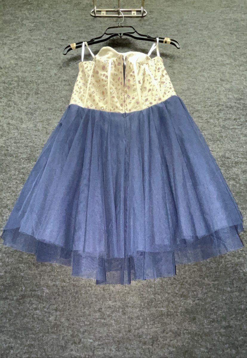 Women's Navy Blue Tulle Homecoming Dress Rhinestone Beaded Corset Bodice Sz M