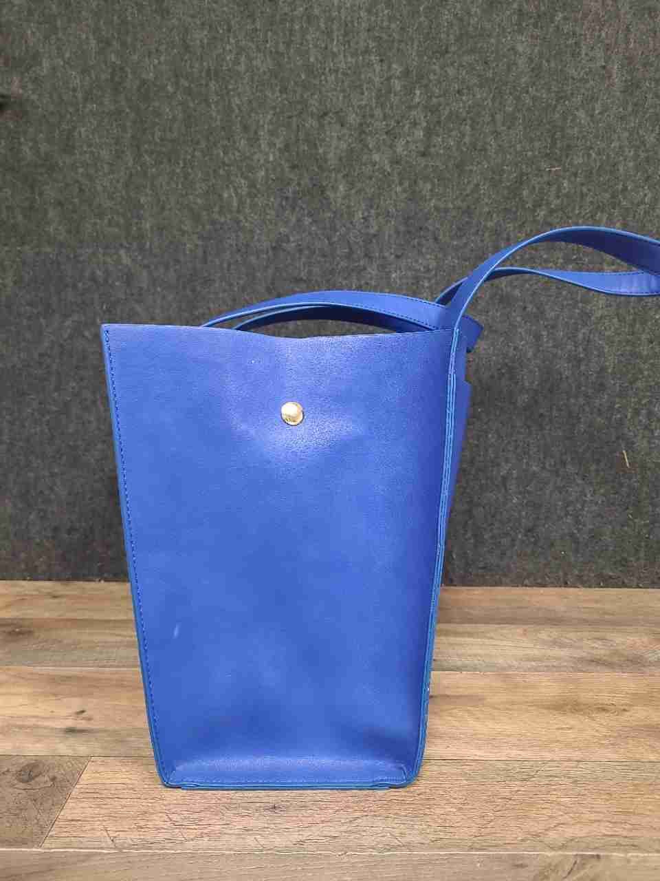 Sondra Roberts Squared Cobalt Blue Faux Leather Tote Bag Floral Lining Tassel