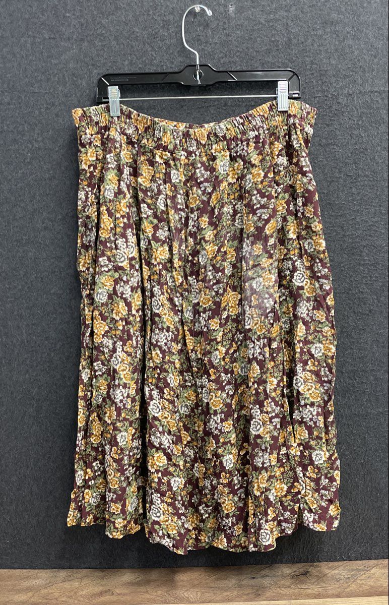 Vintage 90s Kathryn Deene Women's Burgundy Floral Button Rayon Skirt Sz 18/20