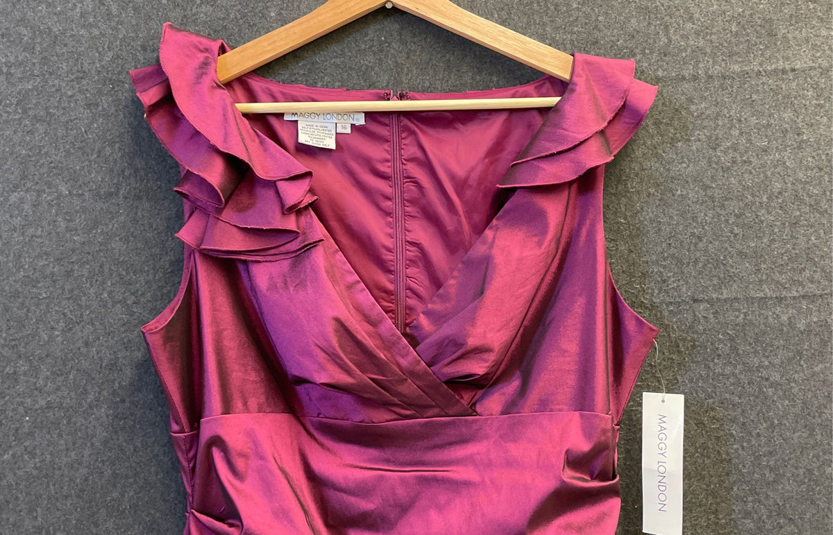 Maggy London Women's Purple Ruffled Metallic Sheen Ruched V-Neck Dress Sz 16 NWT