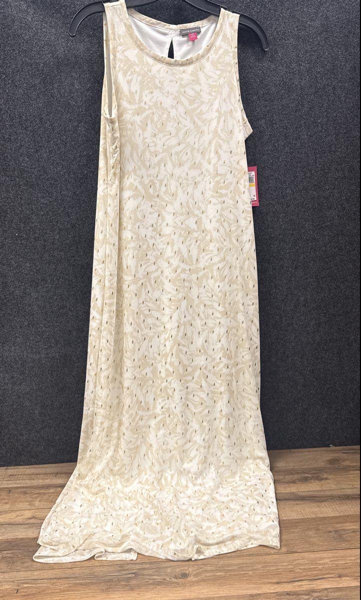Vince Camuto Women's Natural Sand Floral Metallic Fleck Maxi Dress Sz PM NWT