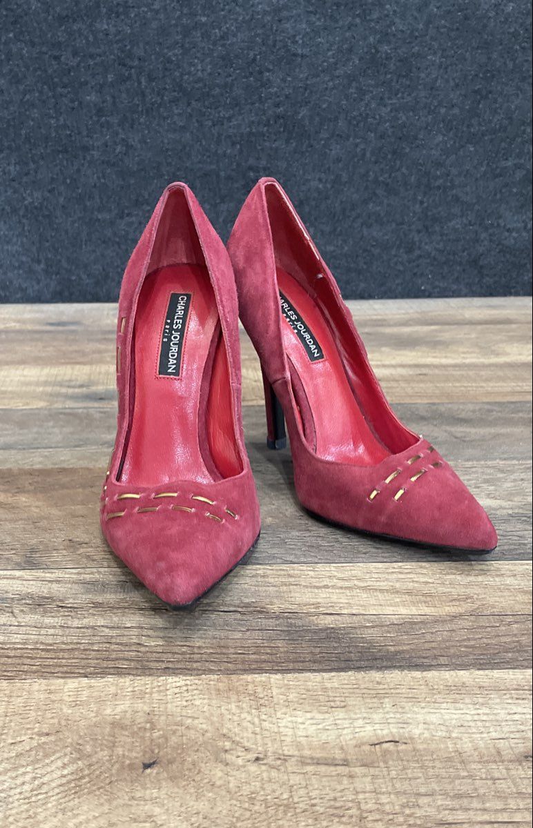 Charles Jourdan Red Suede Pointed Toe Gold Detail Stiletto Heels Size 6.5M