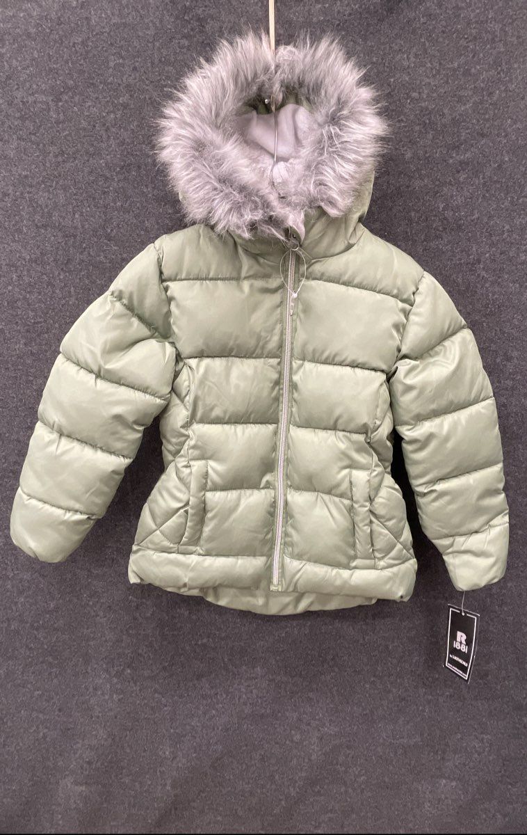 S. Rothschild Girls Sage Green Quilt Puffer Jacket Faux Fur Hooded NWT Sz 7/8
