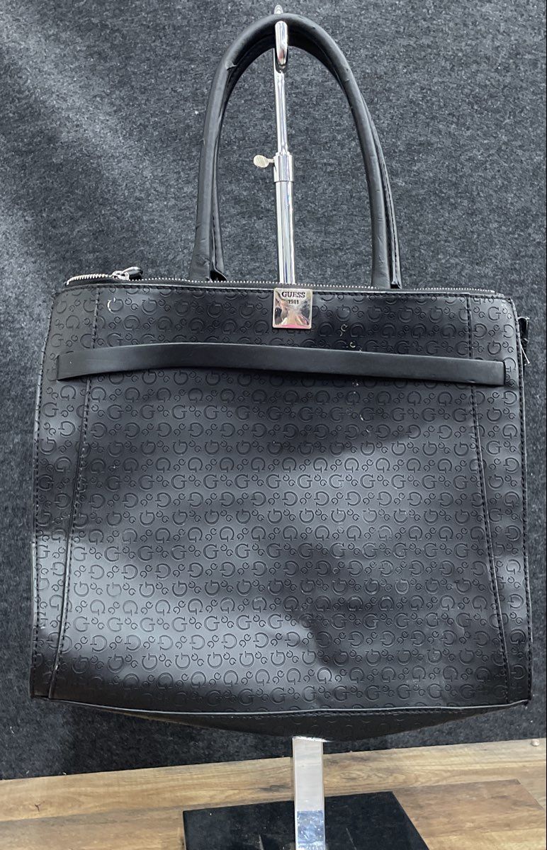Guess Black Monogram Embossed Leather Tote Bag Large Silver Hardware