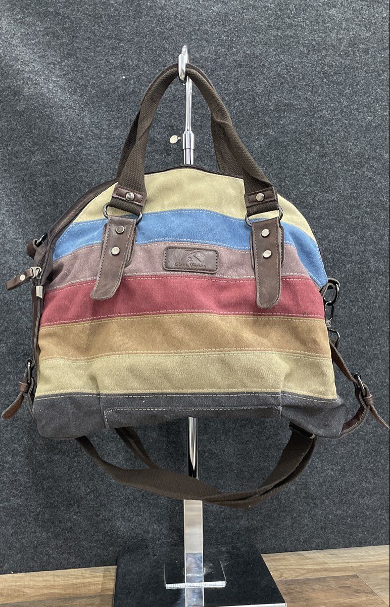 Classic Fashion Multi-Color Striped Fabric Satchel Crossbody Bag Brown Trim