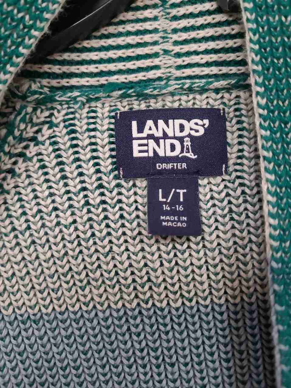 Lands' End Women's Drifter Cardigan Multicolor Striped Cotton Sz L Tall