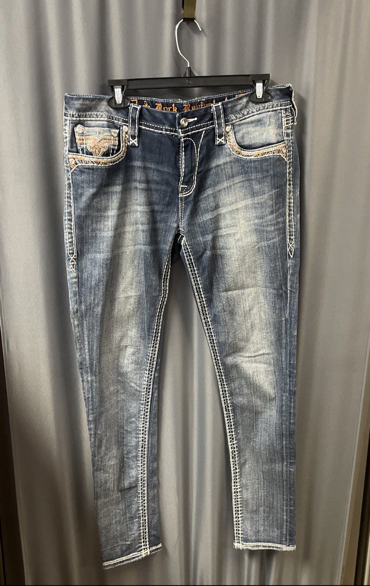Rock Revival Women's Betty Easy Skinny Blue Jeans Whiskered Embroidered Sz 30