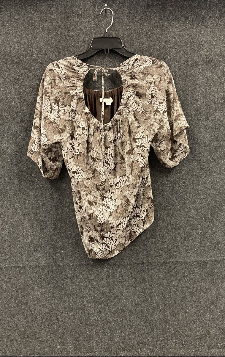 Loft Women's Brown Botanical Print Keyhole Tie Blouse Curved Hem NWT Sz L