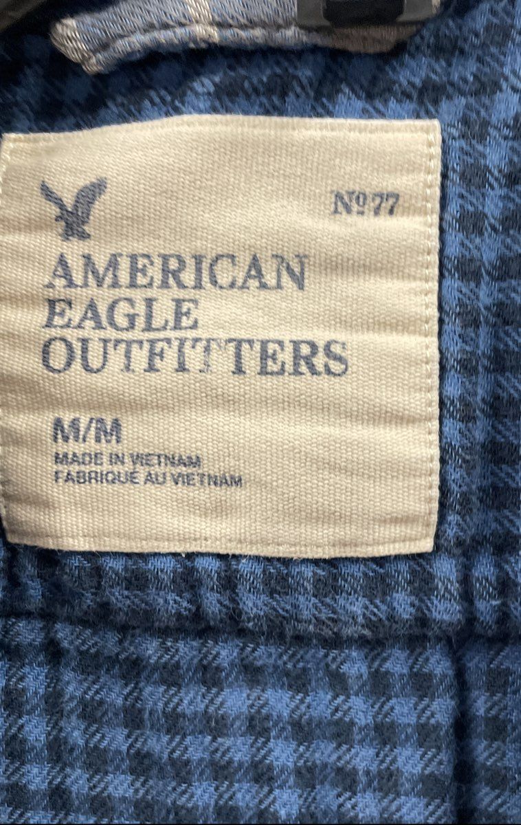 American Eagle Men's Blue Gray Plaid Flannel Shirt Double Pocket Cotton Sz M