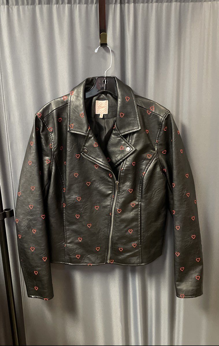 Candie's Women's Black Embroidered Hearts Faux Leather Moto Jacket Sz XL