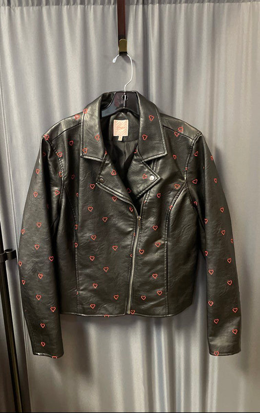 Candie's Women's Black Embroidered Hearts Faux Leather Moto Jacket Sz XL
