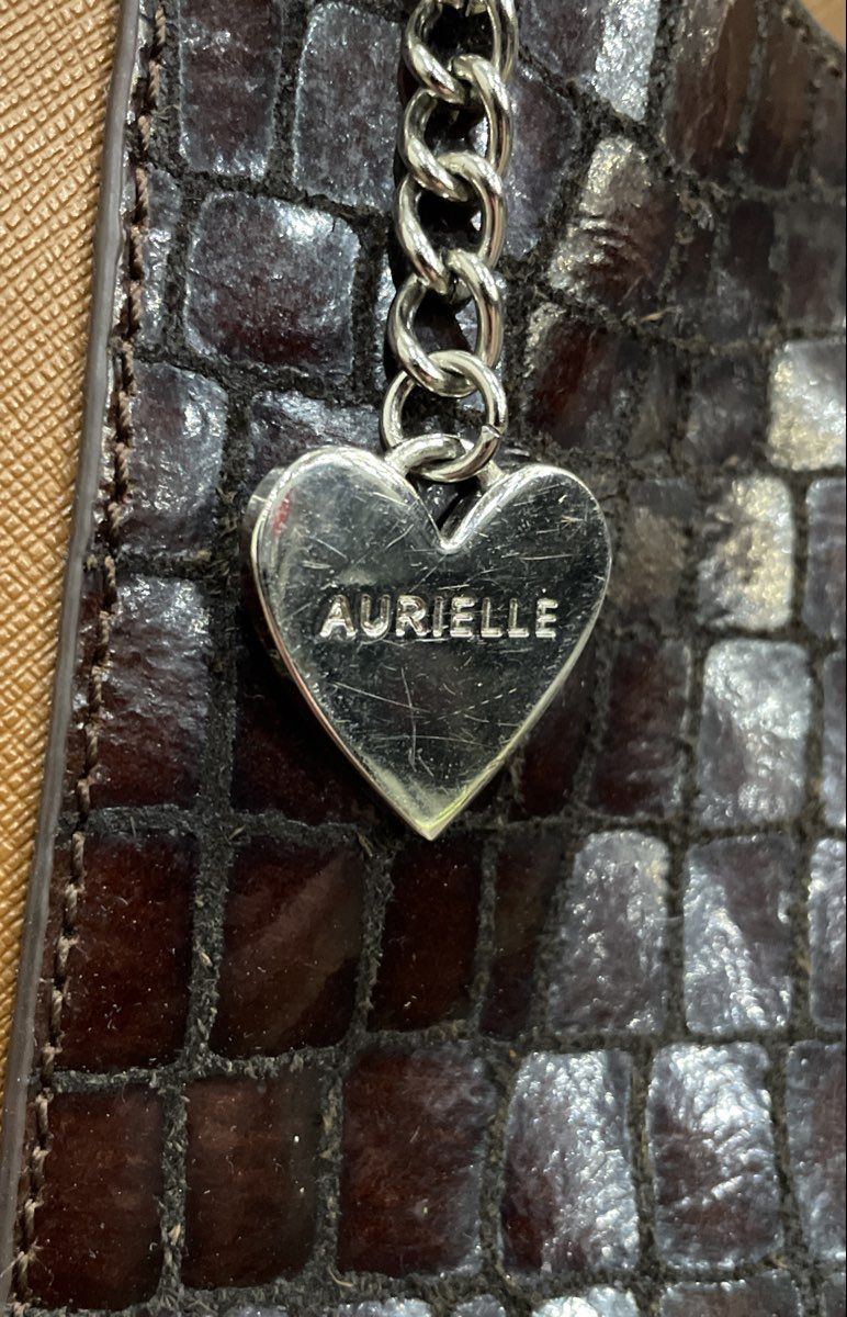 Aurielle Brown Leather Crossbody Bag Faux Croc Trim Heart Charm