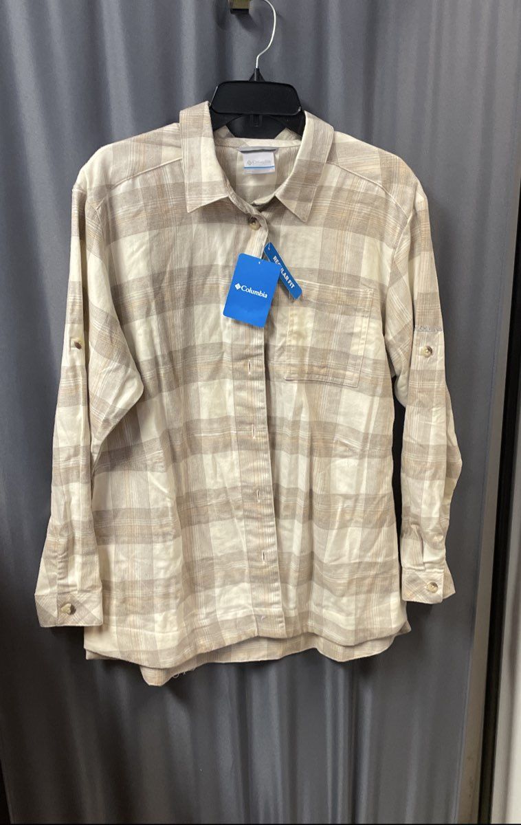 Columbia Women's Holly Hideaway Flannel Shirt Tan Plaid Roll Tab Sleeves XL NWT