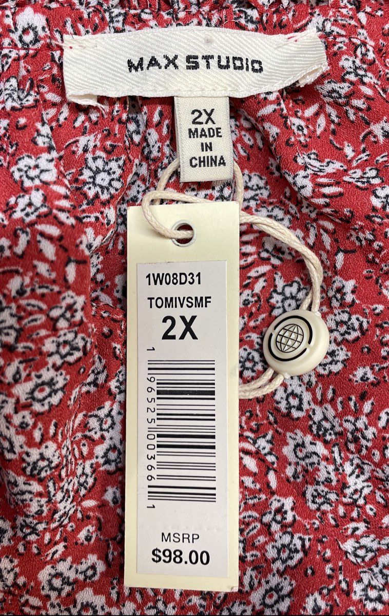 Max Studio Women's Red Floral Ruffle Neck Peasant Blouse Tunic Sz 2X NWT